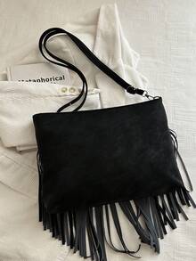 Bolso bandolera de cuero retro de moda, bolso de hombro estilo bohemio con flecos y remaches, cartera cuadrada casual, bolso de mensajero adecuado para viajes y uso diario, bolso bandolera d - Negro 4 - Ver 10