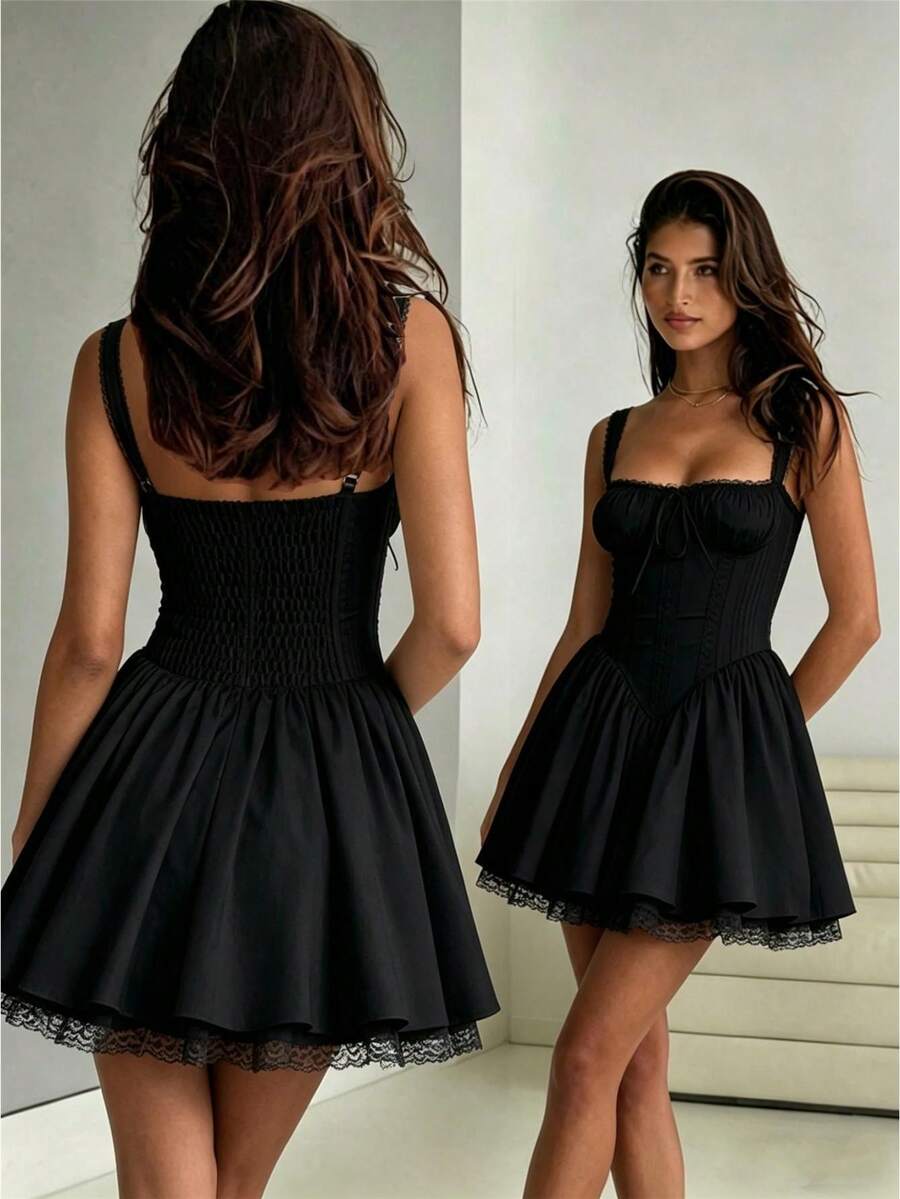 Women's Flower Embroidery Boho Mini Dress Backless Self-Tie Bowknot Square Neck Wide Straps Ruffle Mini Dresses Sleeveless Summer Vacation Short A-Line Dress - F1309-black - View 1