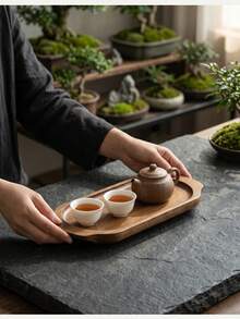 椭圆形把手木质托盘，可盛放坚果和咖啡，带杯托，家居装饰板，精美礼品托盘，适用于客厅、厨房、餐厅、茶室等家居场所，采用优质木材制成，是理想的父亲节礼物。 - 棕色 - 查看 2