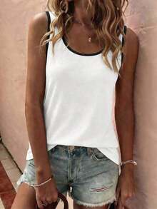 LUNE La nueva moda primavera y verano, chaleco casual de cuello redondo a rayas azul y blanco con cuello profundo rojo en contraste - Blanco - Ver 4