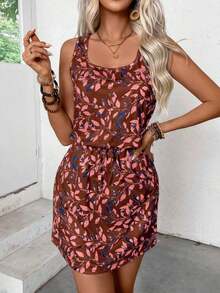 Vestido de verano casual con estampado de hojas, cuello redondo, sin mangas, con cordón en la cintura, para vacaciones y playa para mujer - Café integral - Ver 3