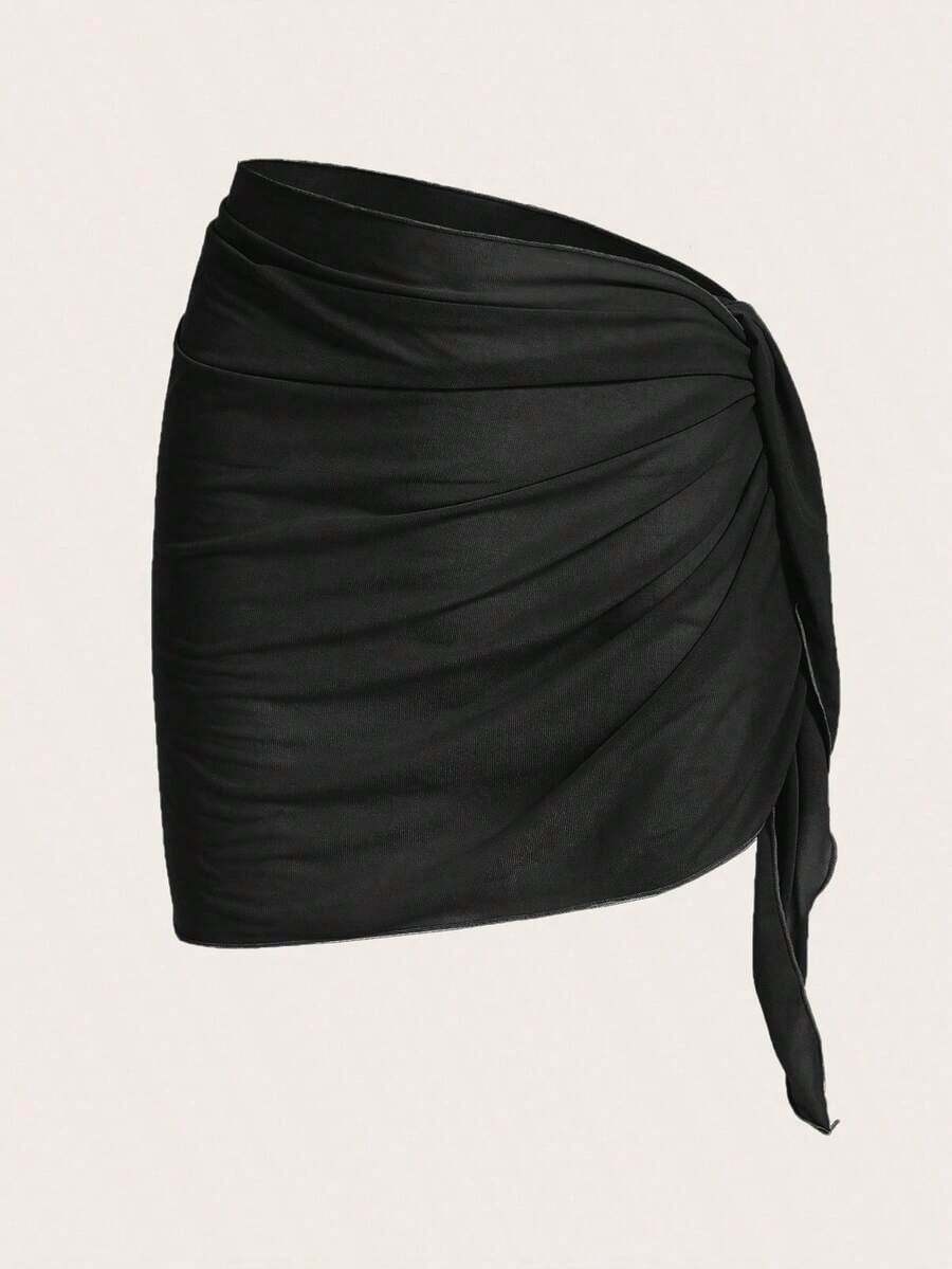 Falda plisada de unicolor, versátil y casual para cubrir el traje de baño - Negro - Ver 1
