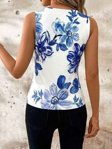 Camiseta de mujer con cuello de concha y estampado floral - Azul - Ver 2
