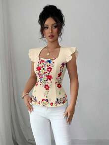 Blusa con estampado floral, cuello con volantes y mangas cortas, para vacaciones - Albaricoque - Ver 5