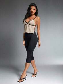 Top corto de camisola con espalda descubierta y detalle de contraste en el frente con lazo para mujer, ideal para vacaciones - Albaricoque - Ver 3