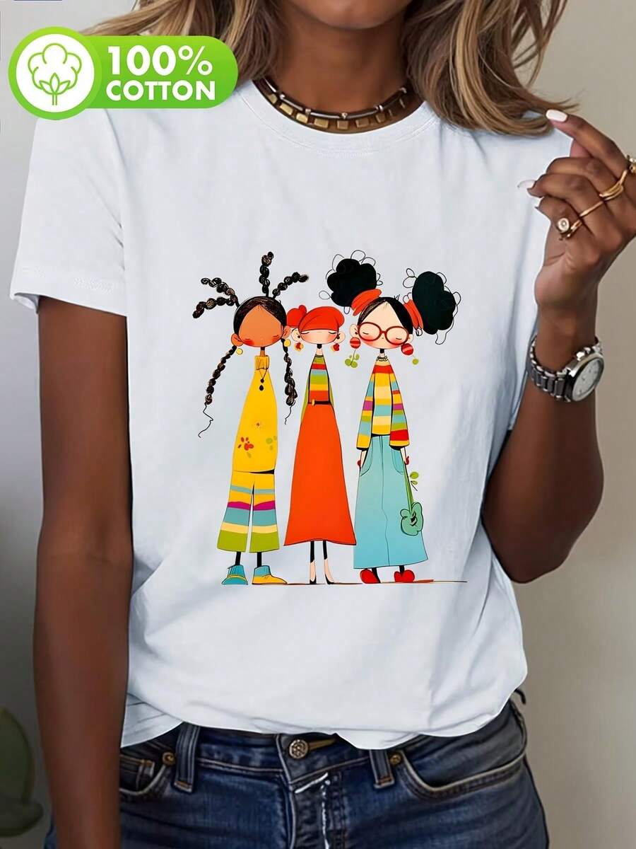 Women's Casual Summer Crew Neck T-Shirt, 100% Cotton, Breathable For Spring/Summer/Autumn (Machine Washable). Suitable For Casual Sportswear, Women's Pure Cotton Short Sleeve T-Shirt, Women's Crew Neck Top. - 白色 - 查看 1