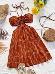Vestido casual de verano con estampado de flores y mariposas, cuello de cordón y cintura hueca, apropiado para vacaciones, citas, San Valentín, té por la tarde - Marrón - Ver 1