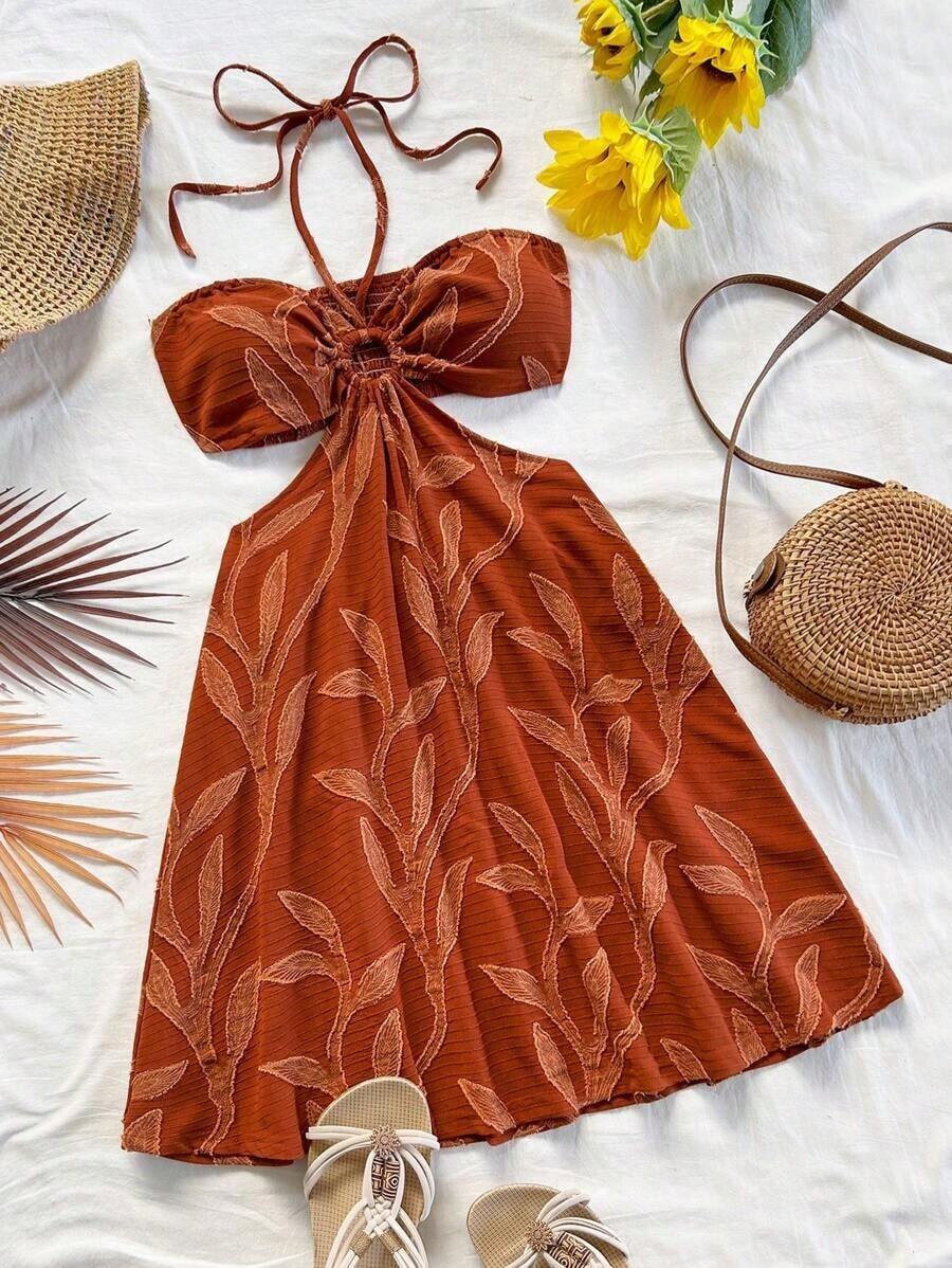 Vestido casual de verano con estampado de flores y mariposas, cuello de cordón y cintura hueca, apropiado para vacaciones, citas, San Valentín, té por la tarde - Marrón - Ver 1