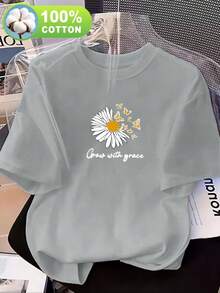 Women's Casual Short-Sleeved Crew Neck T-Shirt, Made From 100% Pure Cotton, Perfect For Spring And Summer. Ideal For Everyday Wear, With Graphic Designs And Lightweight Fabric. This Loose-Fitting T-Shirt - 淺灰色 - 查看 1