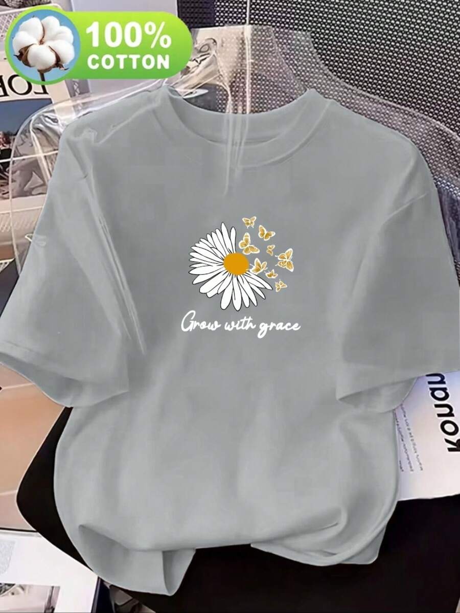 Women's Casual Short-Sleeved Crew Neck T-Shirt, Made From 100% Pure Cotton, Perfect For Spring And Summer. Ideal For Everyday Wear, With Graphic Designs And Lightweight Fabric. This Loose-Fitting T-Shirt - 淺灰色 - 查看 1