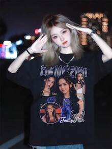Camiseta de manga corta con estampado de la gira de conciertos del cantante Deng Ziqi, estilo americano, corte holgado, unisex, para el verano de 2024. - Negro - Ver 2