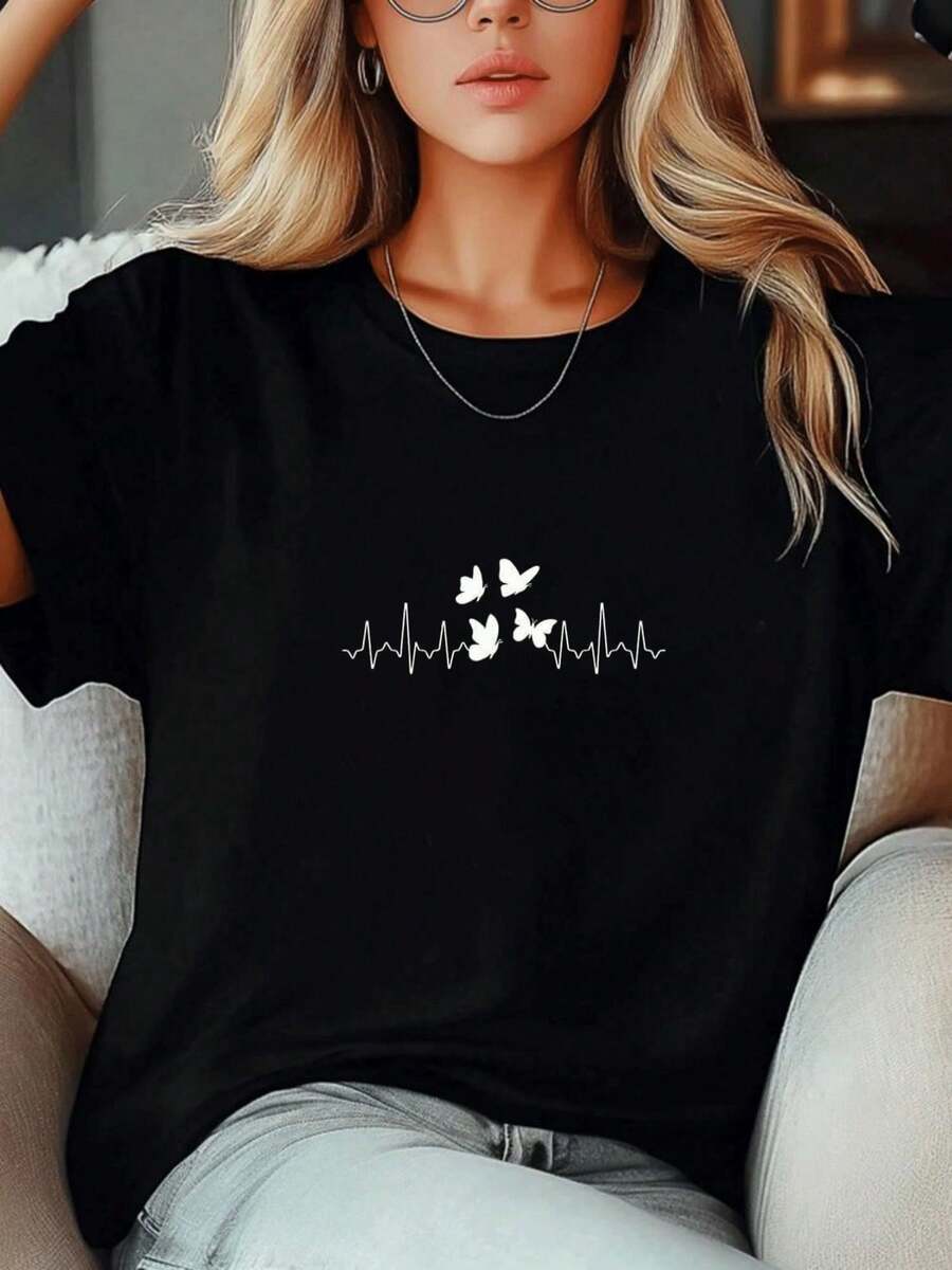 1 Piece Of Beautiful Blouses For Women's Clothing Women's Shirts Butterflies And Heartbeats 180G Black And White T-Shirt, Butterfly Print, High Quality Print, Round Neck, Basic Loose Size, For Men And Women, Breathable, Versatile, Machine Washable, Breathable, Comfortable, Size S ~ 3XL, Daily, Casual, Sports, Essential For Summer. - 黑色 - 查看 1