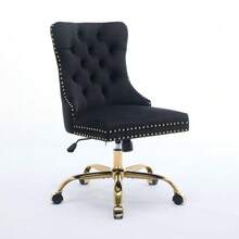 Home Office Chair, Modern Velvet Upholstered Office Chair With Button Tufting And Gold Metal Base, Adjustable Swivel Desk Chair (Black), DE1923BK - 黑色 - 查看 10
