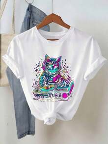 Men's Pure Cotton T-Shirt With Cat Graphic Design, DJ Techno EDM Rave Style, For Cat Lovers - White - View 4
