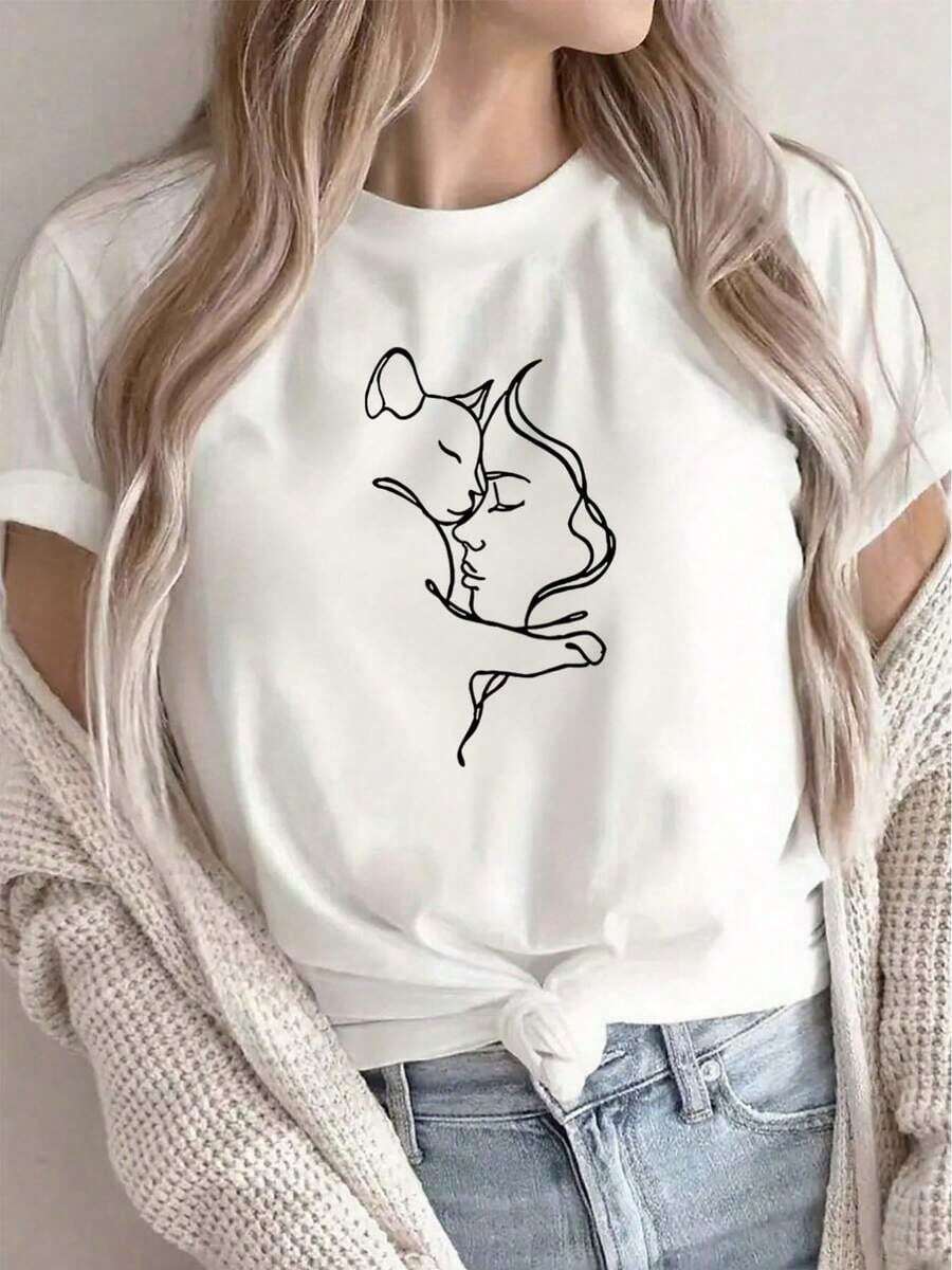 Loose's Women's White Crew Neck T-Shirt With Minimalist Cat Design | Lightweight And Comfortable, Casual And Versatile, Suitable For Everyday Outings And Relaxing At Home Or In A Cafe - Simple Solid Colors Shortsleeve 100% Cotton - 白色 - 查看 1