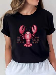 Women's 180g Lobster Design T-Shirt - Valentine's Day Gift Option, Casual Crew Neck Printed T-Shirt For Family And Friends - Could It Be Me? - Unisex Vintage Urban Style Short Sleeve Crew Neck Cotton T-Shirt - 黑色 - 查看 7