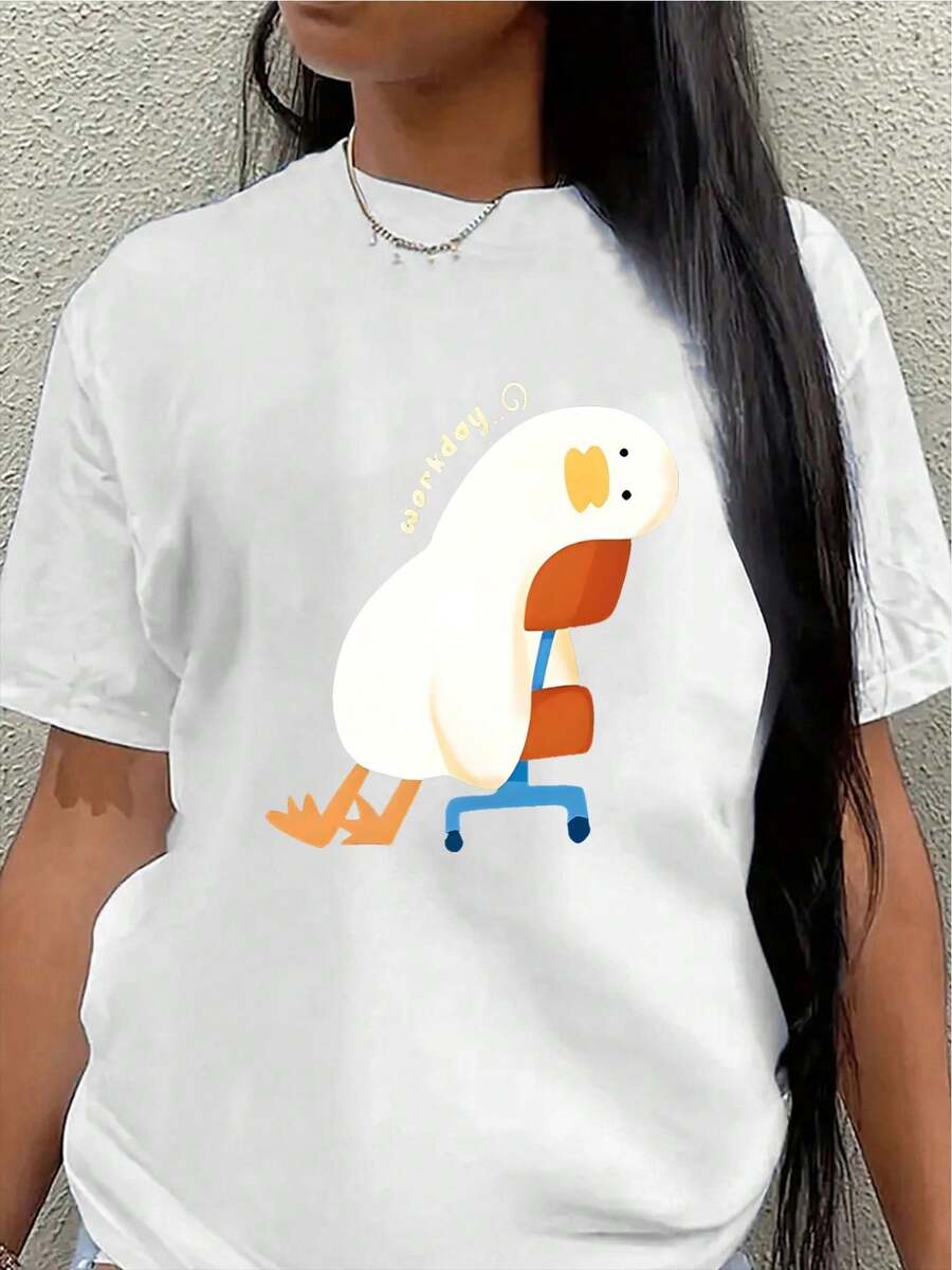 Lightweight And Durable Short-Sleeved T-Shirt, Designed With A Fun Duck Print, Perfect For Home, Work, Or Casual Outings To Restaurants, Offering A Comfortable Feel With A Stylish Design. Women's Blouses > Clothing - 白色 - 查看 1