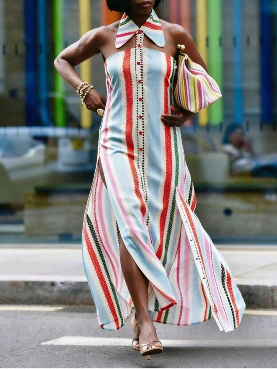 Women's Urban Striped Front Slit Collared Maxi Dress – Button Down Loose Fit For Office Wedding Guest - Multicolor - View 1