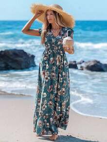 Vestido largo de línea A con mangas de campana, cintura con cordón y dobladillo con volantes, estampado de colocación, vestido de vacaciones informal para mujer - Multicolor 5 - Ver 4