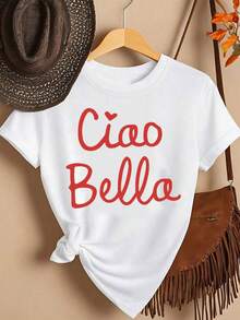 Ciao Bella, Italian Graphic Print T-Shirt, Short Sleeve, Round Neck, Casual Top For Spring And Summer, Women's Clothing - 白色 - 查看 8