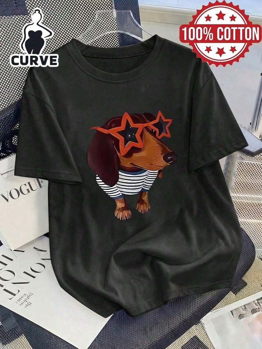 Camiseta de manga corta 100% algodón con estampado de perro para mujer de talla grande, camiseta gráfica, tela suave, ropa de algodón, camiseta para exteriores, estampado, camiseta de verano, camiseta de mujer, top, ropa de verano, atuendo de vacaciones, estilo de viaje, estilo playero, ropa minimalista para resort. - Negro - Ver 1
