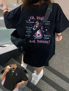 Conjunto de ropa diaria para mujer talla grande: "¡Ah, sí!" "¿Es eso veneno?" y Camiseta casual de manga corta con cuello redondo y estampado de botellas para primavera, verano y otoño, conjunto de vacaciones para mujeres en color negro - Negro - Ver 2