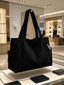 Large Capacity Corduroy Tote Bag, Casual Shoulder Bag With Side Pockets, Lightweight For Work, School, Travel & Daily Commute, Versatile Solid Color Handbag - Multicolor - View 5