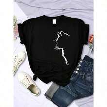 Casual T-Shirt With Fun Cat Print, Fashionable Women's T-Shirt, Casual, Short Sleeve, Round Neck, Urban Style, Summer Clothing, 100% Cotton, Durable - 黑色 - 查看 2