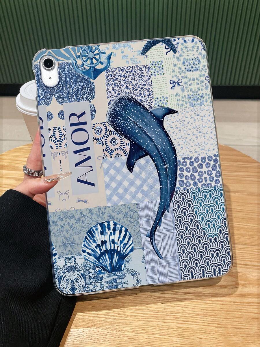 1个海岸航海风蓝鲸图案拼接透明保护套,复古海洋贝壳波浪瓷器花卉全覆盖防摔保护套,轻薄贴合,兼容iPad,适合母亲节、情人节、友谊日、生日、暑假、返校礼物、日常使用 - 無色 - 查看 1
