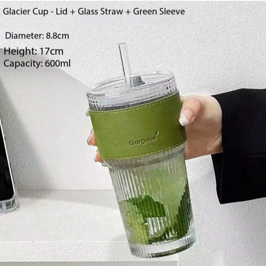 1个带吸管和盖子的条纹玻璃杯,便携式简约风格水瓶,竖条纹玻璃杯,可重复使用的高品质咖啡和果汁杯,多功能饮料容器,适合居家、办公室、海滩、各种聚会,适用于咖啡、茶、牛奶、冰美式和拿铁。 - 彩色 - 查看 1