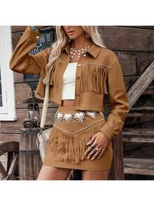 Chaqueta holgada de gamuza sintética con flecos, nueva colección otoño invierno primavera 2026 estilo europeo americano - marrón - Ver 1