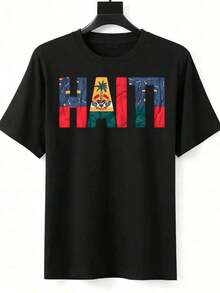 T-Shirt With Haitian Flag Design, National Pride Apparel For Men, Women And Children, Perfect For Independence Day, Cultural Events And Everyday Wear, Women's T-Shirts - 黑色 - 查看 2