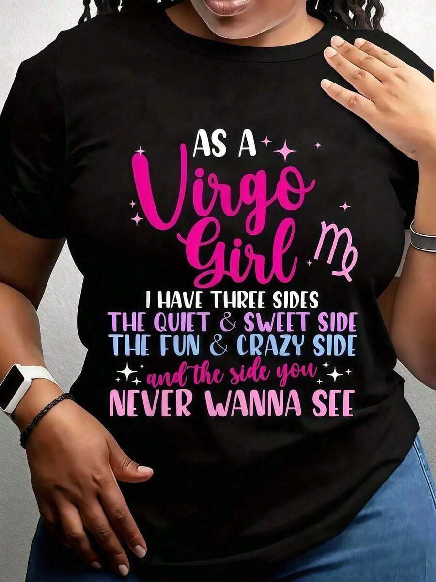 TrendyLike A Virgo Girl, I Have Three Sides - Astrology Zodiac Sign T-Shirt Summer Clothes, Graphic Tees Everyday Wear - 黑色 - 查看 1
