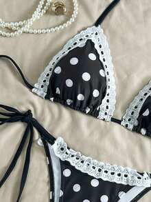 2 Stücke Polka Dot Lässig Süß Elegant Sexy Boho Rüschen/Rüschentrimm Bikini Bademode, geeignet für Strand, Abenddate, Urlaub, Geburtstagsfest, Sport & Fitness, Frühling/Sommer - Schwarz und Weiss - Übersicht 2