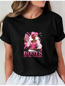 Camiseta Deportiva Casual para  con Gráfico Colorido de Sombrero Vaquero - Camiseta Elástica de Cuello Redondo, Lavable aáquina, Ajuste Cómodo y Perfecta para Todas las Estaciones, Moda Femenina con Estilo Único. - Negro - Ver 6