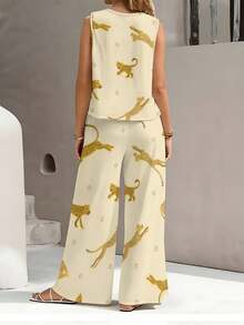 2026 Summer New Styles Cheetahs In Various Poses On Cream Background Plus Size Women's Tank Top Straight Leg Pants Set Summer Stylish, Elegant Commuter Casual And Comfortable 2pcs - 白色 - 查看 2