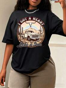 Camiseta Estampada para Mujer con Diseño Vintage de Camión y Cactus - Camiseta Casual de Manga Corta y Cuello Redondo, Corte Relajado para Todas las Estaciones, Perfecta para Uso Diario y Atuendos de Vacaciones, Lavable aáquina. - Negro - Ver 1