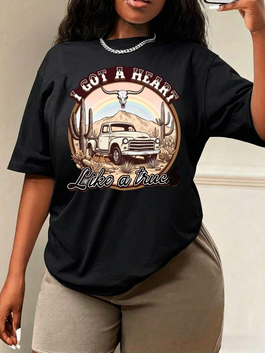 Camiseta Estampada para Mujer con Diseño Vintage de Camión y Cactus - Camiseta Casual de Manga Corta y Cuello Redondo, Corte Relajado para Todas las Estaciones, Perfecta para Uso Diario y Atuendos de Vacaciones, Lavable aáquina. - Negro - Ver 1