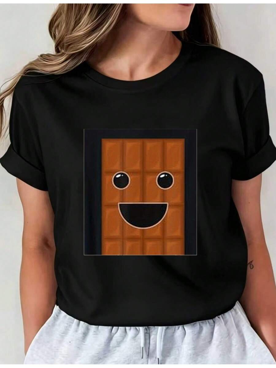Camiseta Deportiva Casual para Mujer - Camiseta Negra Elástica de Cuello Redondo con Diseño Gráfico de Cara Sonriente en Patrón de Cuadrícula, Lavable aáquina, Ajuste Cómodo y Perfecta para Todas las Estaciones, para un Look Casual y Divertido. - Negro - Ver 1