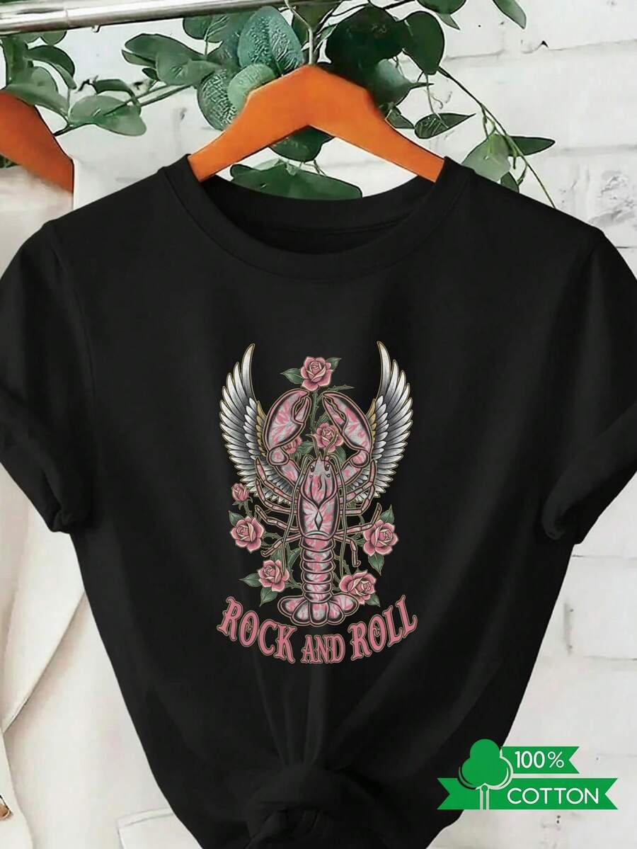 Women's T-Shirt With Round Neck And Anime Letter Print, Simple Design, Comfortable And Breathable, Suitable For Casual Daily Wear, Showing A Natural And Elegant Style, A Must-Have For Summer Parties, With Lobster Wings. - 黑色 - 查看 1