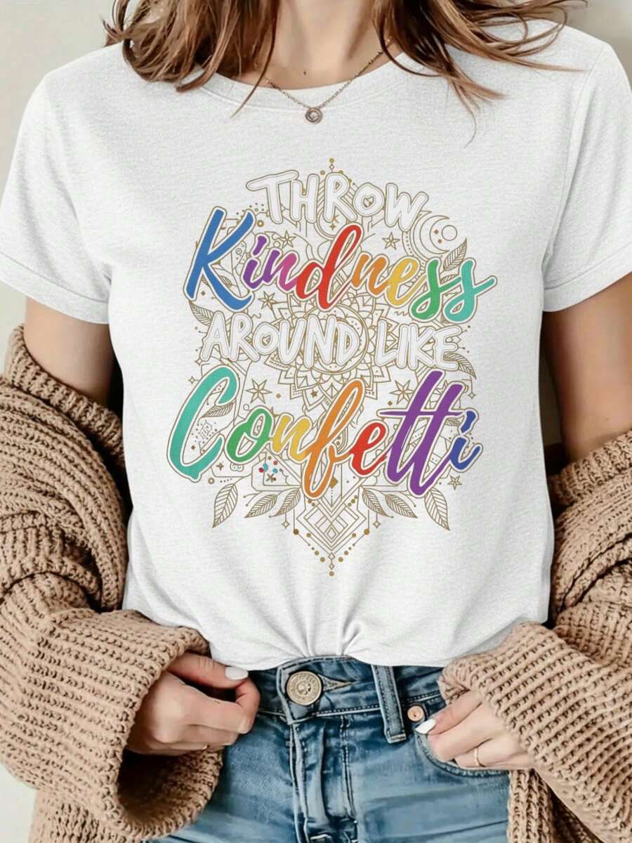 Women's Casual T-Shirt With Round Neck And Letter Print, Comfortable And Casual, Made Of Soft Fabric, Classic Design, Versatile For Everyday Wear, Comfortable Fit, Suitable For All Seasons, Perfect For Casual Outings. - 白色 - 查看 1