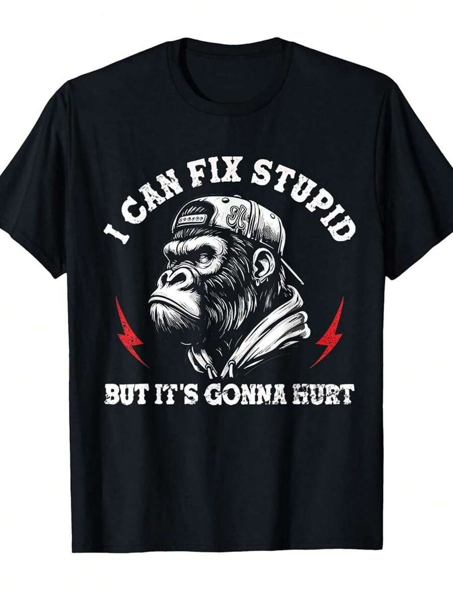 Men's Retro-Style T-Shirt With A Fun Design, Featuring A Gorilla And Wrench Print, Perfect For Enthusiasts And Mechanics. Soft Crew Neck T-Shirts Are An Ideal Choice For Everyday Wear. - 黑色 - 查看 1