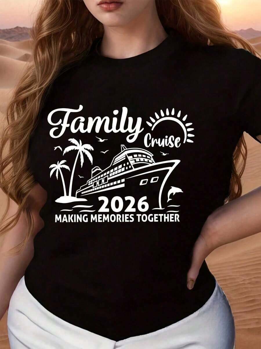 Camiseta de Cuello Redondo Oversize de Manga Corta con Estampado de Viaje, Diseño Gráfico "Family Cruise 2026 Making Memories Together" con Barco de Crucero, Palmeras y Sol, Ropa de Verano para Vacaciones en la Playa para Mujeres, Hombres y Niños, Regalo Ideal para Viajeros Familiares, Cruceros y Escapadas Tropicales, Adecuada para Ocasiones de Ocio y Deportes, 100% Algodón. - Negro - Ver 1