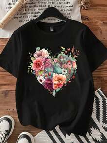Bohemian Style Floral Heart Print T-Shirt, Romantic Flower And Leaf Design For Casual And Everyday Wear, Cotton T-Shirt - 黑色 - 查看 4