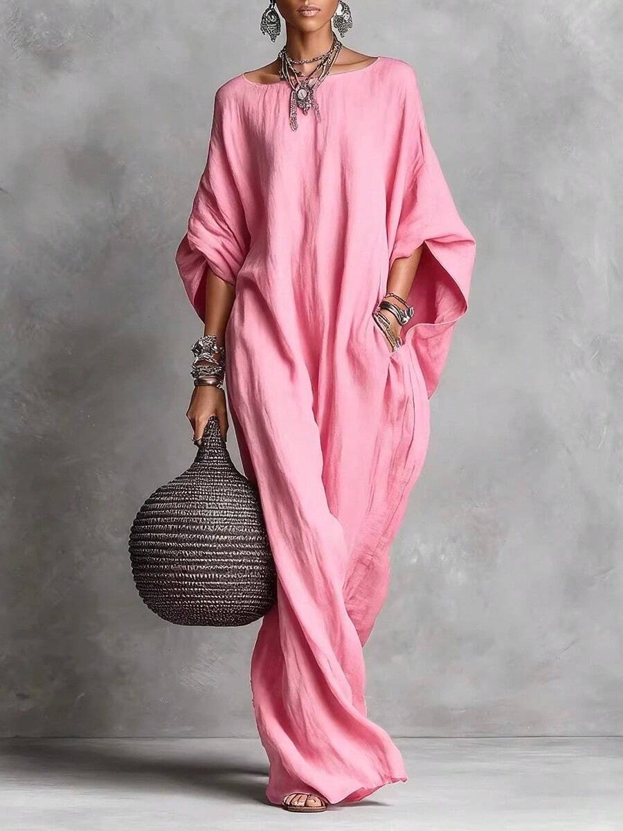 Elegant Solid Color Casual Maxi Dress, European American Retro Style 2026, Women's Long Sleeve Off-Shoulder - Pink - View 1