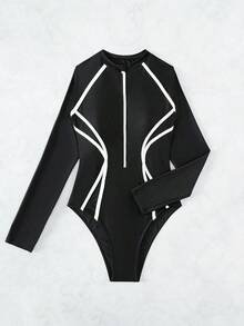 Bañador una pieza unido en contraste con cremallera delantera - Negro 3 - Ver 5