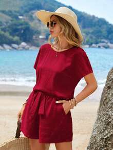 Conjunto de top de manga corta y pantalones cortos de unicolor para mujer, ideal para vacaciones - Burdeos - Ver 3
