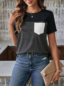 Camiseta de mujer de manga corta con bolsillo y rayas, informal - Negro - Ver 3