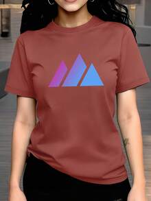 Women's Top For Spring Summer, 100% Casual, Short Sleeve And Round Neck, T-Shirt With Printed Design And Geometric Pattern - 磚紅色 - 查看 1