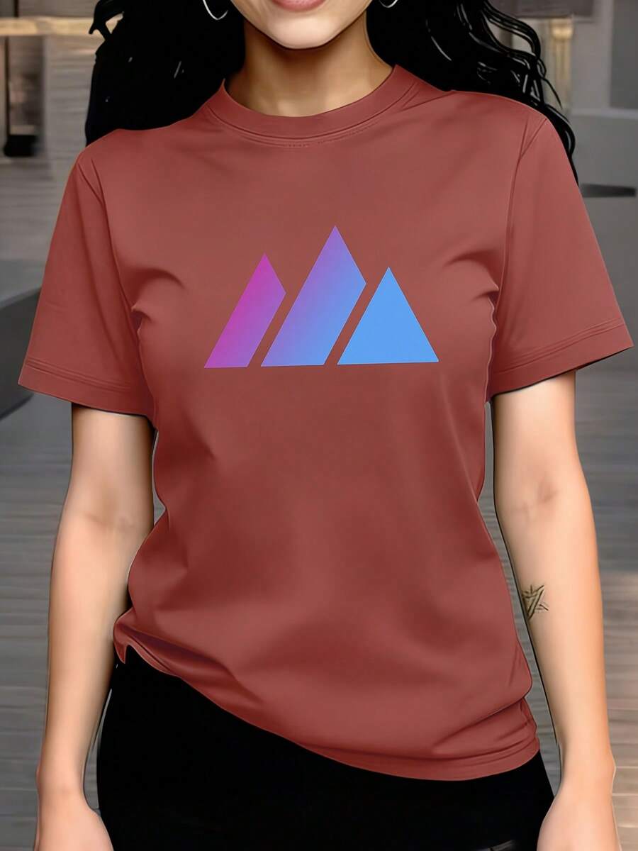Women's Top For Spring Summer, 100% Casual, Short Sleeve And Round Neck, T-Shirt With Printed Design And Geometric Pattern - 磚紅色 - 查看 1